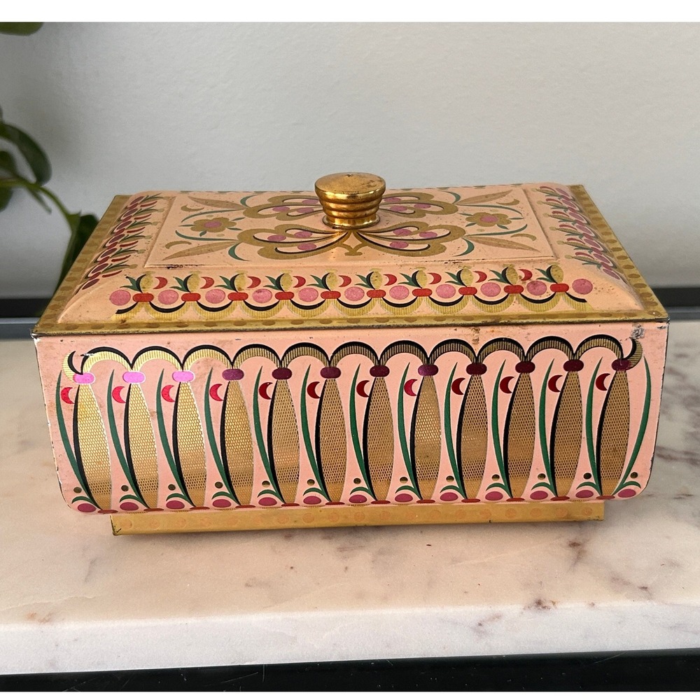 Vintage Western Germany Daher Metal Trinket Box Pink Gold Floral Lithograph Tin